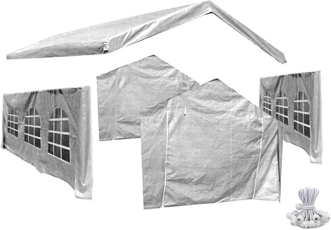 12x20 Party Tent Replacement Canopy Tarp Set Side Paneling and Valanced Top Set Replacement Tarp Kit Carport/Party Tent Top &amp Side Wall Set 3 Window Side Wall Replacement Tarps White 5pc