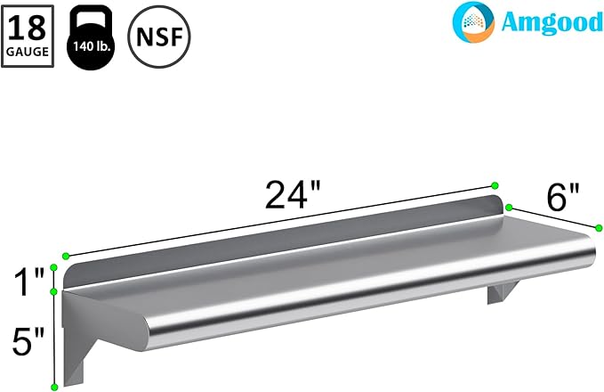 AmGood 6 in. x 24 in. Stainless Steel Wall Shelf | NSF | Metal Shelving | Garage Laundry Storage Utility Room | Restaurant Commercial Kitchen