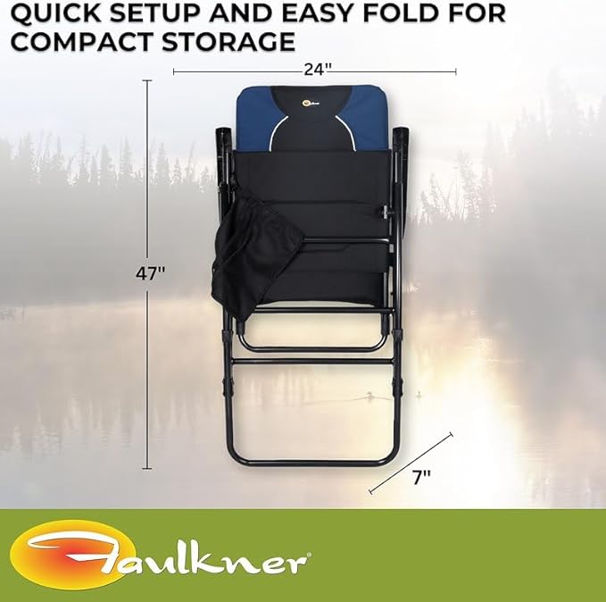 Faulkner Dakota Folding Rocking Chair – Blue/Black 42.1 x 22 300 lb Capacity Padded Camping Chair with Side Pouch Lightweight Steel Frame Folds for Easy Carry