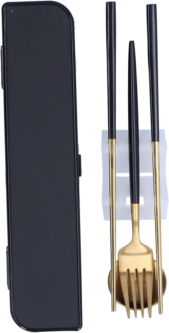 3Pcs Portable Travel Utensils Set Stainless Steel Spoon Fork Chopsticks Dishwasher Safe Cutlery with Anti Shake Groove Compact Kitchen Flatware for School Camping Office (Black gold (black storage