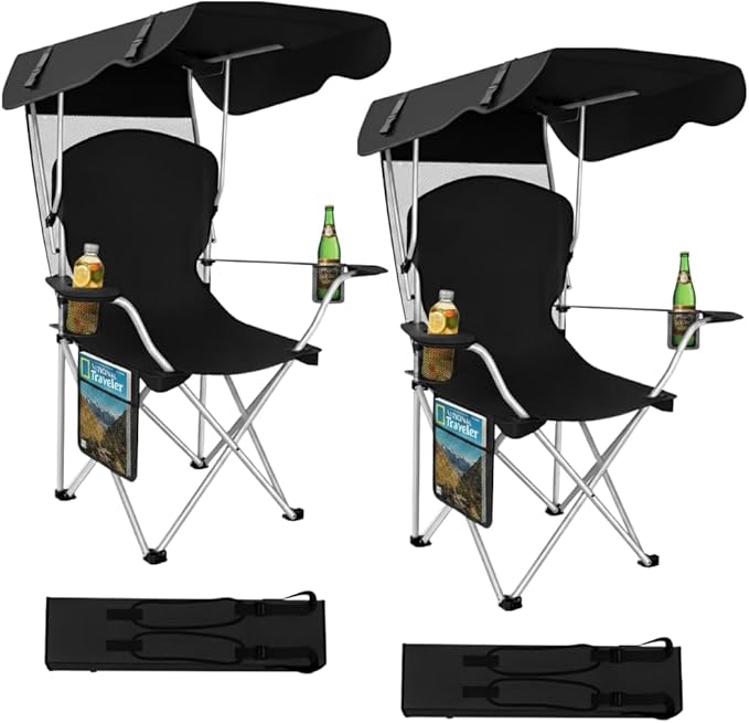 Portable Folding Camping Chairs with Canopy Shade Beach Chair for Adults Durable Weather Resistant 600D Oxford Cloth Camping Chair with Canopy for Outdoors [Black-2 Pack]
