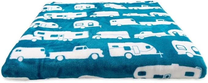 Camco 53440 Life is Better at The Campsite Plush Fleece Blanket Queen Size - Keeps You Warm While at Home Camping or on Picnics - Machine Washable - Features a Brand RV Print Blue