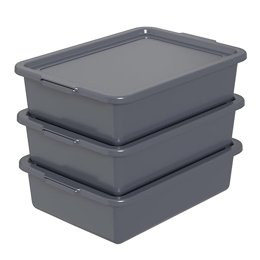 Ramddy 3-Pack 13 L Plastic Commercial Bus Tub with Lid Grey Bus Box Restaurant