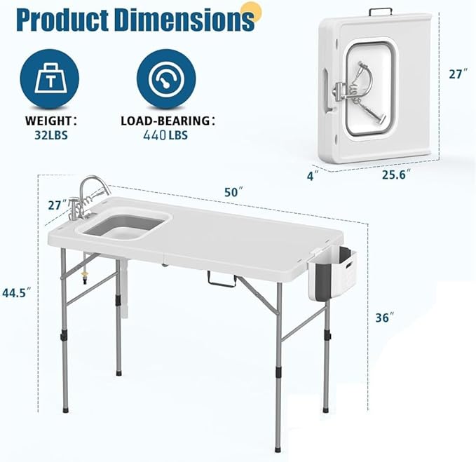 Folding Fish Cleaning Table with Sink &amp Hose Hookup 50 Outdoor Camping Sink Table Portable for Fishing Hunting RV Backyard Made of Steel Frame &amp PE Basin Easy to Clean and Store