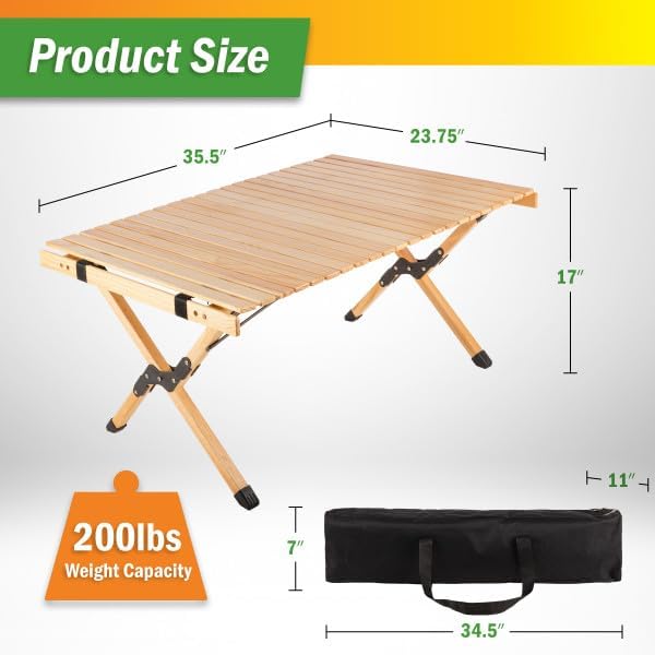 Foldable Camping Table - Roll Up Folding Table - Easy Assembly Portable Picnic Table with Carry Bag - Indoor or Outdoor Low Height Travel Party or Beach Table by Wakeman Outdoors (Natural Wood)