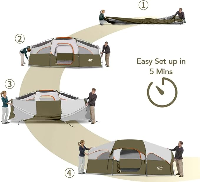 CAMPROS CP Tent 8 Person Camping Tents Weather Resistant Family Tent 5 Large Mesh Windows Double Layer Divided Curtain for Separated Room Portable with Carry Bag