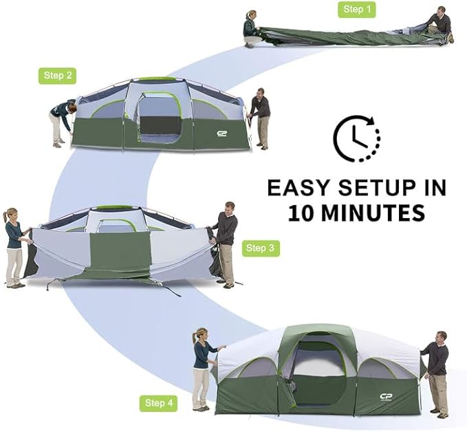 CAMPROS CP Tent 8 Person Camping Tents Weather Resistant Family Tent 5 Large Mesh Windows Double Layer Divided Curtain for Separated Room Portable with Carry Bag