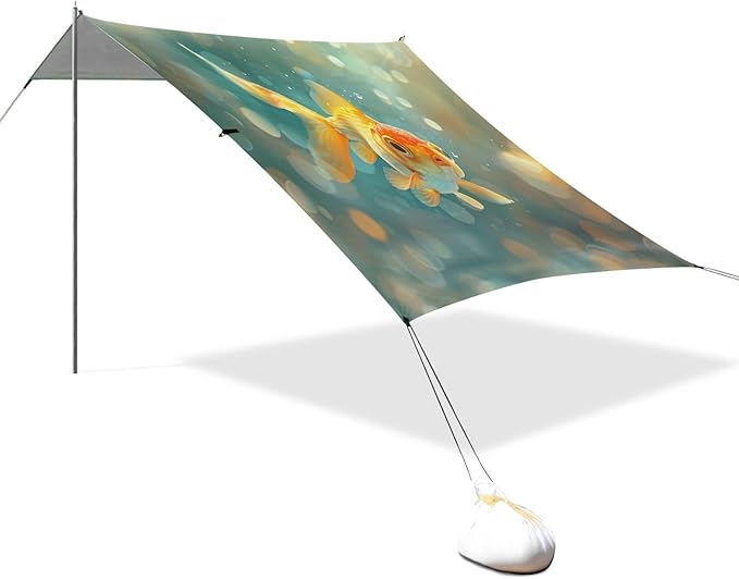 Goldfish Pattern Beach Tent Sun Shelter 9.2' x 10.5' Beach Canopy with 4 Sandbags 4 Stability Poles Sand Shovels - Tent Canopy for Beach Camping Fishing Picnics