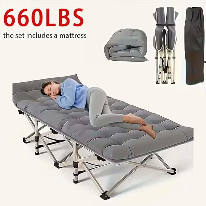 Outdoor Folding Bed – Features Skin-Friendly Breathable Fabric with an Enlarged and Thickened Mattress ergonomically Thickened Pillow Reinforced Bed Frame for Durability (660LBS)