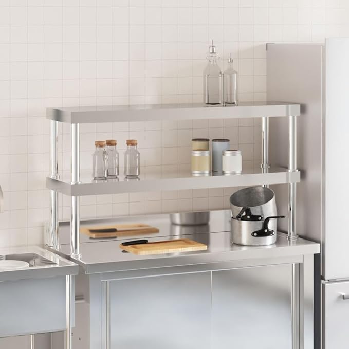 Stainless Steel Work Table Overshelf 2-Tier 43.3x11.8x25.6 for Kitchen Restaurant Prep Space Durable Mountable Storage Rack