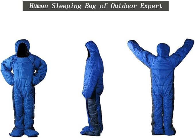 72 Large Wearable Human Sleeping Bag Zipped Foot Opening Design Free Size Ultralight Hoodie Quilted Warm Thermal Coat for Adults Winter or Outdoor 4 Season Camping