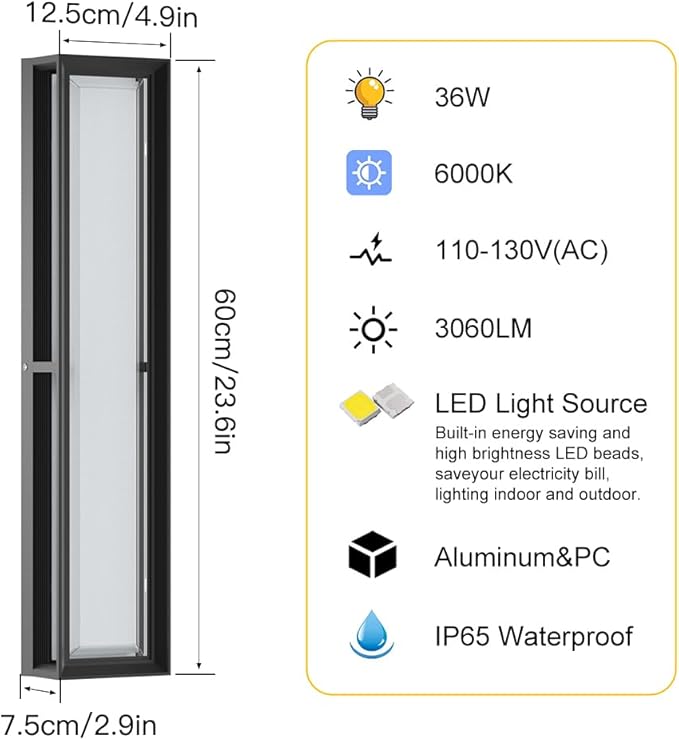 Sytmhoe Outdoor Wall Lights 23.6in 10%-100% Dimmable 6000K LED Modern Patio Wall Light Fixture Aluminum&ampPC Black Exterior Sconce Wall Mounted LightsSuitable for Garage Courtyard House(6000K)
