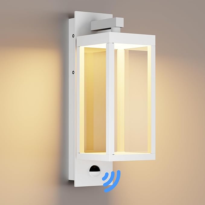 Outdoor Wall Light with Motion Sensor 15inch White Waterproof LED Coach Light for Porch Front Door Garage Patio Garden – Durable Tempered Glass Exterior Lighting Fixture Security Light for House