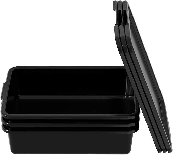 3 Packs 13 Liter Plastic Restaurant Commercial Bus Tub Boxes with Lids Black Wash Bins Dish Pan