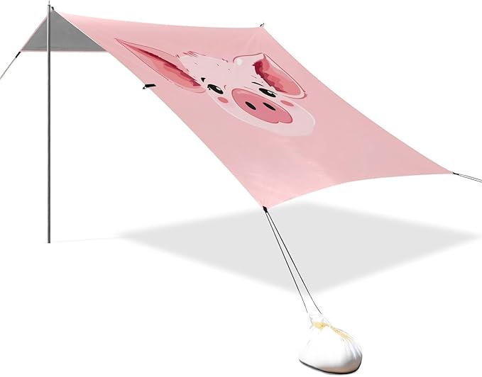 Cute Pig Face Beach Tent Sun Shelter 9.2' x 10.5' Beach Canopy with 4 Sandbags 4 Stability Poles Sand Shovels - Tent Canopy for Beach Camping Fishing Picnics