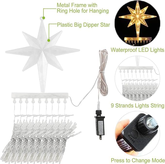 PUHONG Christmas Decoration Dippers Star String Lights16.4Ft 320 LED Christmas Tree Lights [8 Modes &amp Waterproof]with 11 Lighted Star for Halloween Xmas New Year Holiday Birthday (Warm White)