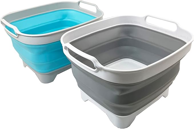 SAMMART 7.5L (2 Gallons) Collapsible Dishpan with Draining Plug - Foldable Washing Basin - Portable Dish Washing Tub - Space Saving y (Grey + Cyanine 2)