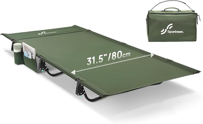 Sportneer Camping Cot 31.5'' Extra Wide Army Green Compact Folding Cot with Side Pocket &amp Carry Bag Lightweight Portable Outdoor Bed for Adults Camping Home Travel