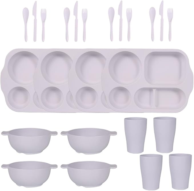 24 Pcs Wheat Straw Dinnerware Cutlery SetsUnbreakable Divided Plates Bowls Cups Spoon Knife Fork for 4 PeopleMicrowave Dishwasher Safe Tableware Cutlery for Party and Daily UseWhite