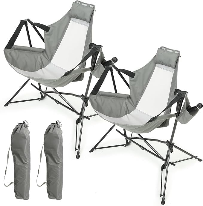 Hammock Camping Chair Folding Portable Rocking Chair Aluminum Alloy Adjustable Back Swinging Chair with Pillow Cup Holder Recliner with Carry Bag for Outdoor Travel Lawn Backyard Grey (2pcs)