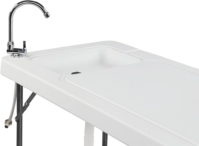 Folding Fish Cleaning Table with Sink &amp Faucet - Portable Outdoor Fillet Hunting &amp Cutting Station HDPE Top Foldable Legs Hose Hookup - Camping Fishing Backyard 46 x 24 Off White