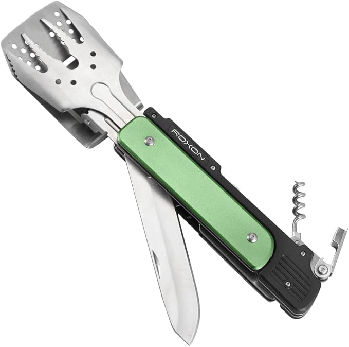 ROXON S601 14 6 in 1 MBT3 Folding Grill Utensils Set Fork Spatula Grilling Knife Tongs Opener for Backyard Barbecue and Camping(Green)