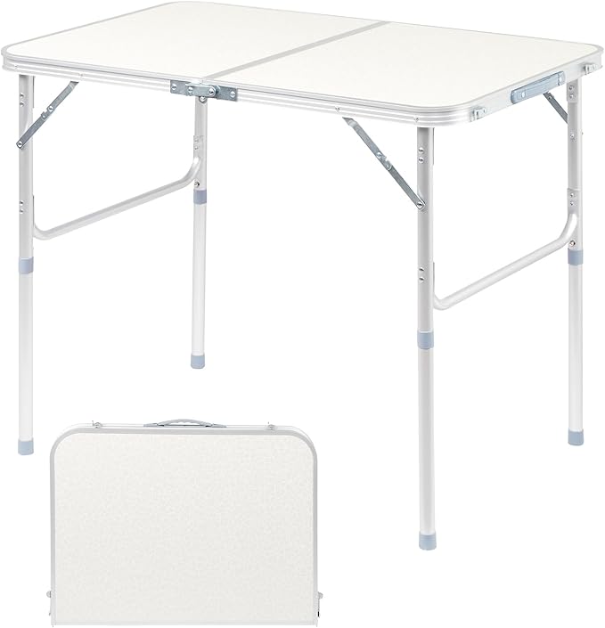 3FT Folding Camping Table with Adjustable Height Legs Indoor Outdoor Lightweight Portable Aluminum Dining Pinic Table (White)