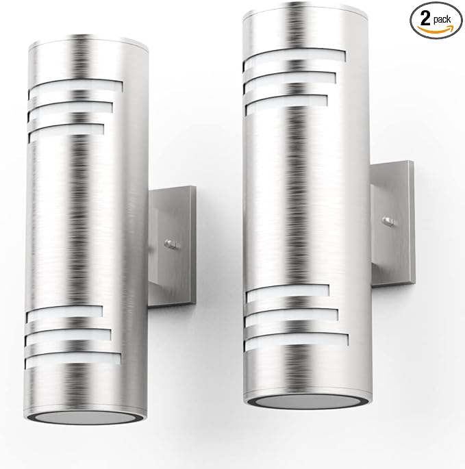 Sytmhoe 2 Packs Cylinder Outdoor Wall LightsUp/Down Wall SconceStainless Steel LED Wall Light Exterior Outside LightingE26 Bulb Waterproof Wall Fixture