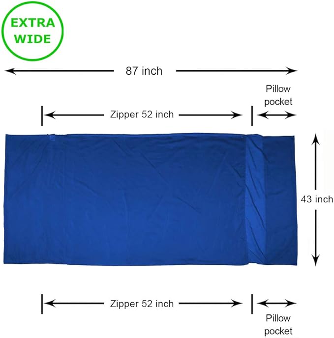 Browint Silk/Cotton Travel Sheet with Double Zippers 87x43 Extra Wide Sleep Sack for Hotels Lightweight Sleeping Bag Liner for Camping Traveler Rectangular with Pillow Pocket …