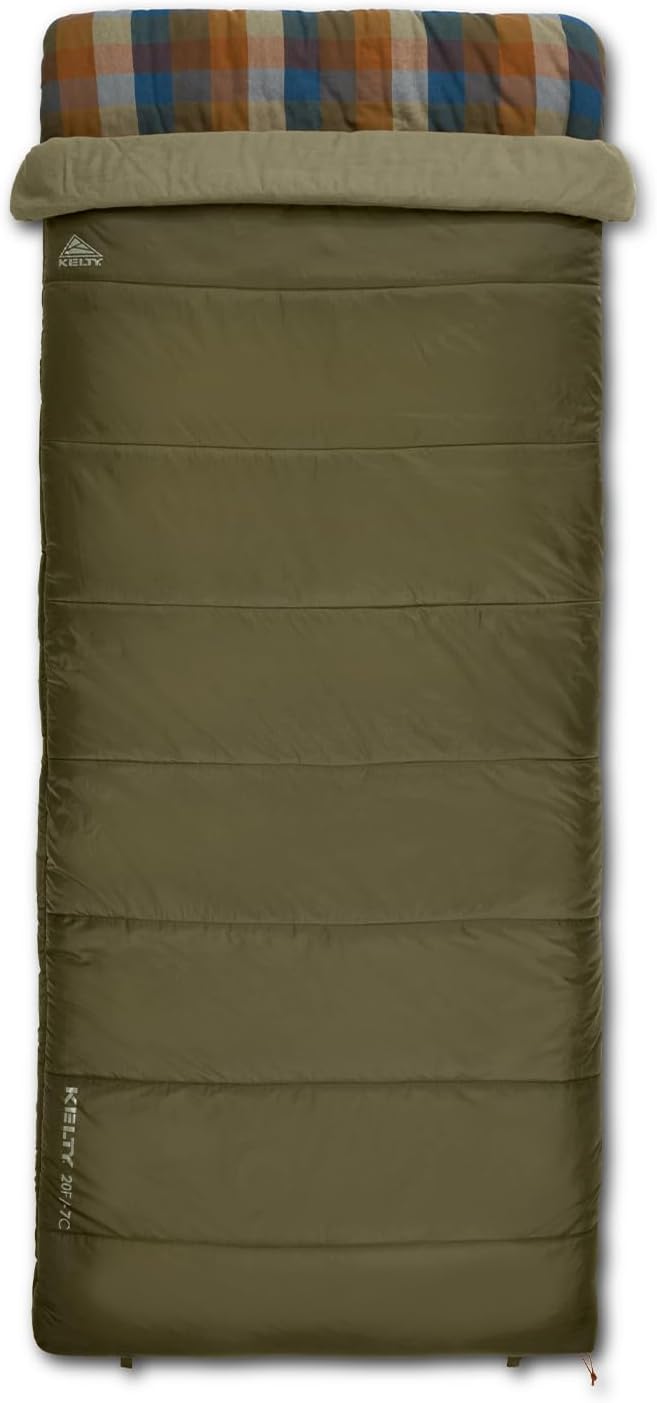 Kelty Wayback Flannel Lined Sleeping Bag Built in Blanket Traditional Rectangle Shape Organic Flannel Cotton Liner Dual Locking Slide Zips