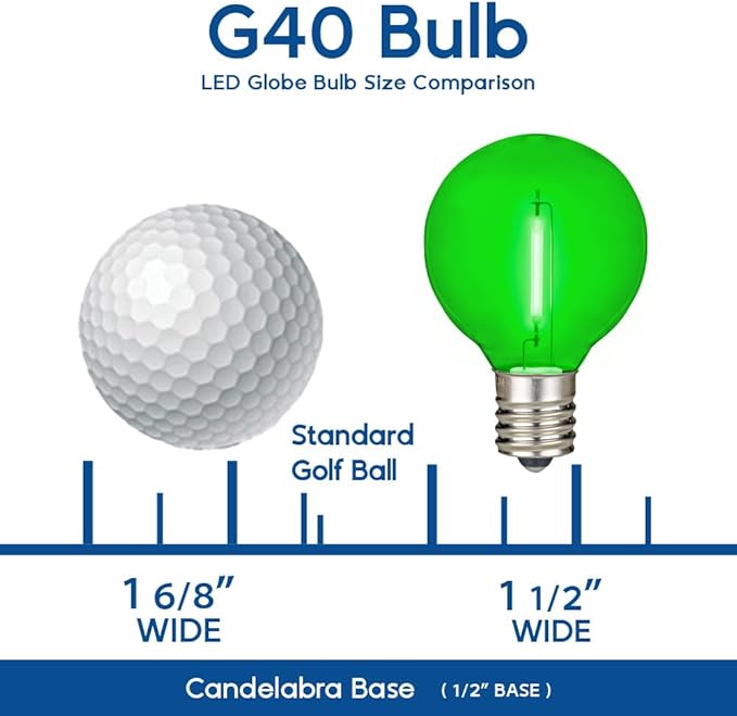 Novelty Lights 25 Pack Green G40 LED Filament String Light Bulbs E12/C7 Candelabra Base 5 Watt Equivalent Shatterproof Replacement Bulbs for Patios Canopy Lighting