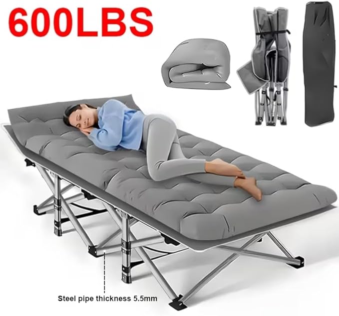 600LBS Extra-Large Folding Outdoor Camping Bed with Mattress Portable Folding Guest Bed Heavy-Duty Sleeping bedwith Storage Bag Suitable for Travel and Leisure (Grey 600lbs)