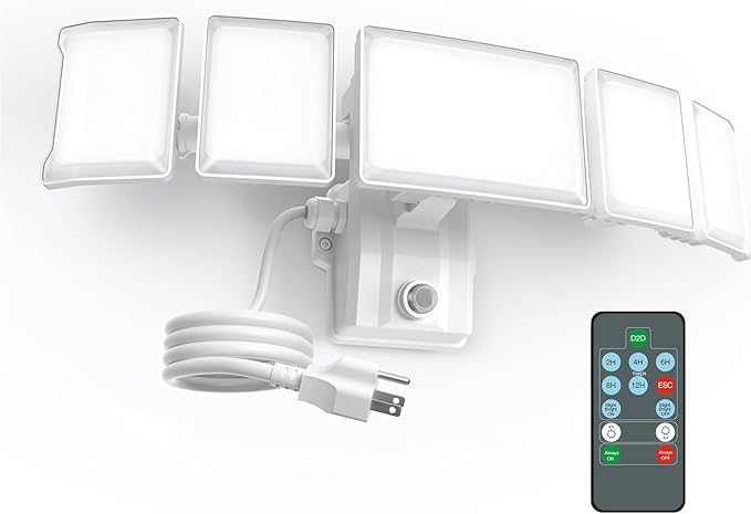 Olafus 120W Plug in Flood Lights Dusk to Dawn LED Outdoor Light with Remote 5 Adjustable Heads IP65 Waterproof LED Security Light with Photocell for Yard Garden Porch White