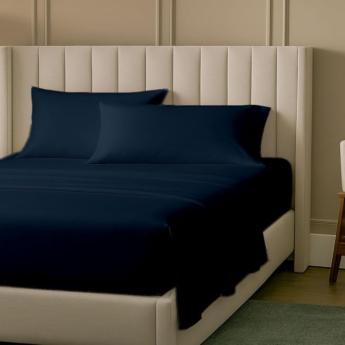 SlumberWell 4 Piece Luxury Soft Microfiber Fitted Bed Sheet Set for Campers 8 to 12 Inch Deep Pocket RV Short Queen 60 x 75 Navy Blue
