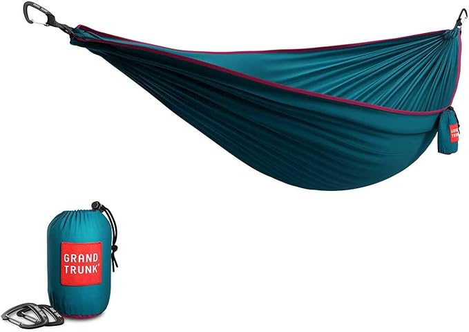 Grand Trunk TrunkTech Single Hammock | Lightweight Ripstop Nylon Camping &amp Travel Hammock 11 ft 500 lb Capacity Includes Carabiners | Red with Navy Trim