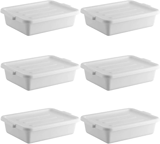 6-Pack 20 x 15 x 5 Commercial Bus Tub/Bus Box - 6.5 Gallons with Lid - Heavy-Duty Polypropylene Dish Box for Restaurants Kitchens and Foodservice - Stackable and Freezer-Safe - White
