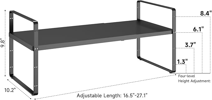 16.5~27.1 Expandable Shelf Organizer 2Pack 10.2 Wide Stackable Cabinet Shelf Organizers Black Metal Sturdy Kitchen Counter Storage for Countertop Adjustable Height Spice Rack