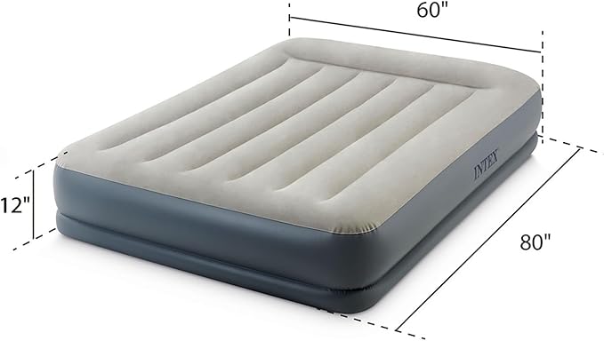 Intex 64117ED Dura-Beam Standard Pillow Rest Air Mattress: Fiber-Tech – Queen Size – Built-in Electric Pump – 12in Bed Height – 600lb Weight Capacity