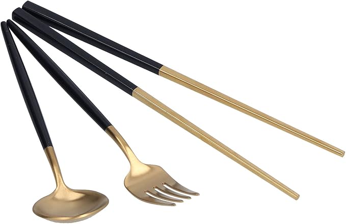 3Pcs Portable Travel Utensils Set Stainless Steel Spoon Fork Chopsticks Dishwasher Safe Cutlery with Anti Shake Groove Storage Box for School Work Outdoor Use (Black gold (black storage box))