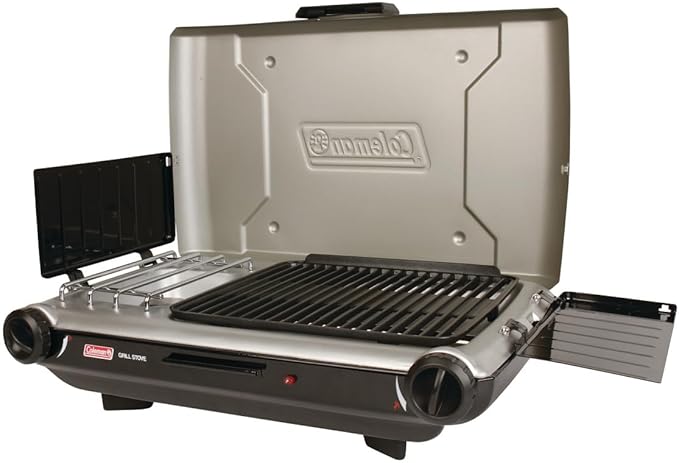 Coleman Tabletop 2-in-1 Grill &amp Stove with 2 Adjustable Burners Propane Grill/Stove with Push-Button Starter Wind Guards Grease Tray &amp 20000 BTUs of Power for Camping Tailgating &amp M