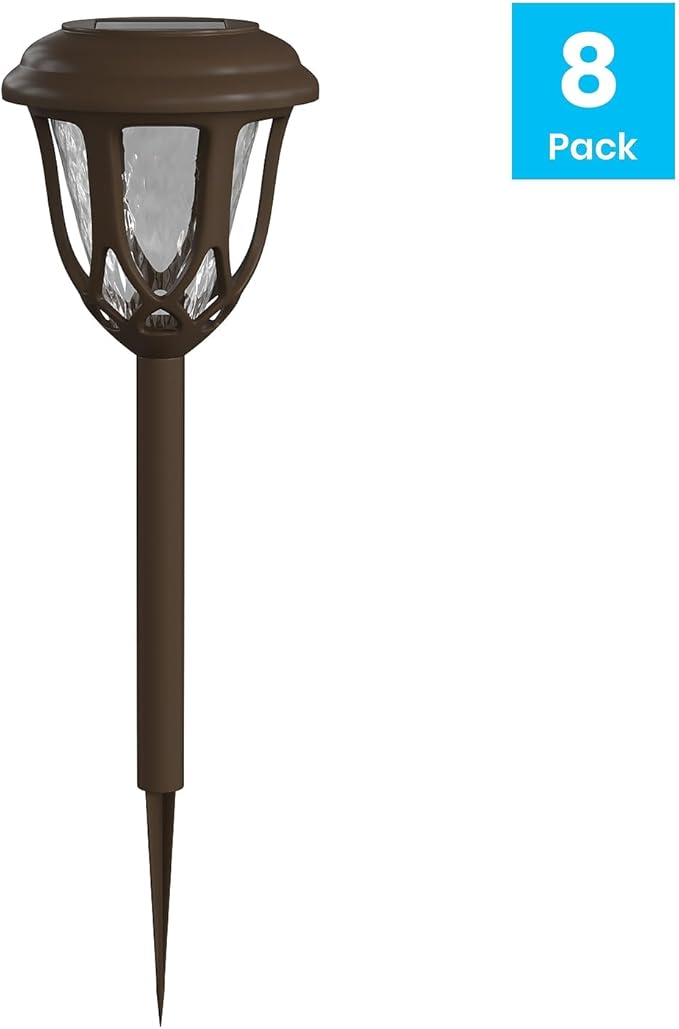 Flash Furniture Hess 8 Pack LED Solar Lights - All-Weather Brown Tulip Style Outdoor Solar Powered Lights - Landscape Lighting for Pathway Garden &amp Yard 3.37x3.37x14 Brown
