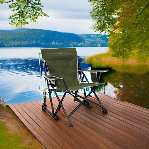 GCI Outdoor Kickback Rocker Camping Chair | Portable Folding Rocking Chair with Durable Armrests Drink Holder &amp Relaxed Lowered Seat for Comfort — Loden Green