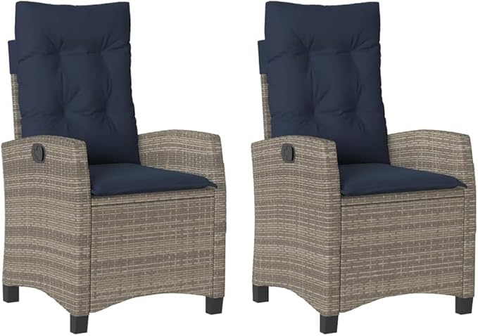 2-Piece Reclining Garden Chair Set with Adjustable Armrests Grey Poly Rattan and Navy Blue Cushions for Patio Outdoor Lounge Furniture with Durable Weather-Resistant