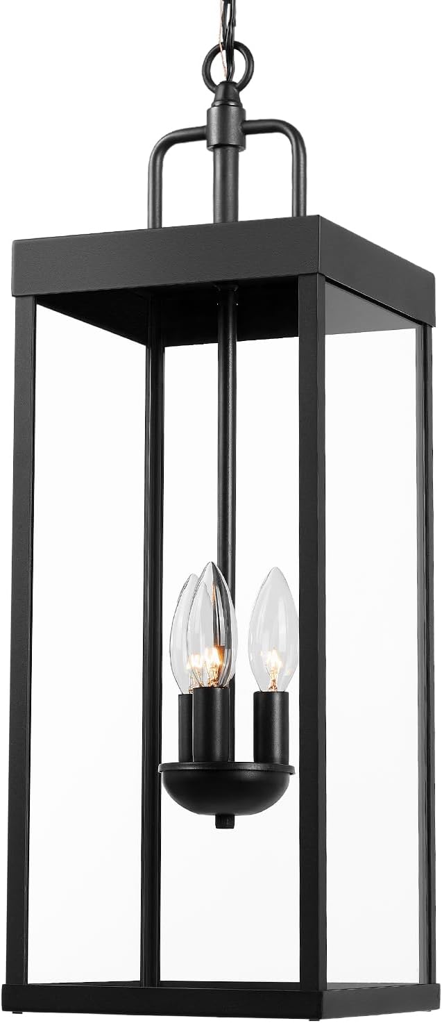 Large Outdoor Pendant Lantern Light Fixture for Front Porch 24 Inch 3-Light Black Exterior Hanging Chandelier with Clear Glass Outdoor Indoor Pendant Lamp for Patio Gazebo Entryway Doorway