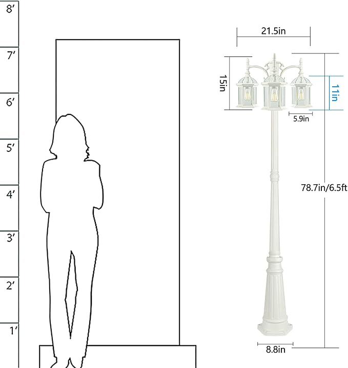 3-Head Outdoor Lamp Post Light Birdcage Waterproof Outside White Street Light Pole with Clear Glass Shade for Yard Garden Patio Path Driveway