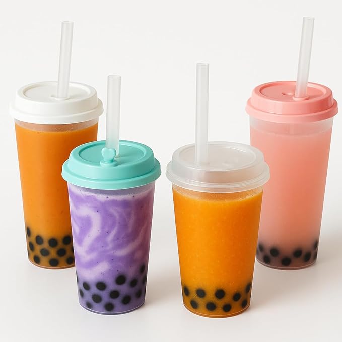 Darong 1000 PCS Frosted Premium 90mm PP Plastic Cup Lids with Attached Stopper Flat Lid for 16oz–32oz Injection PP Cups Recyclable Disposable Drink Cup Lids – Case of 1000