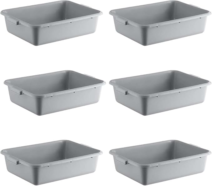6-Pack 20 x 15 x 5 Commercial Bus Tub/Bus Box - 6.5 Gallons without Lid - Heavy-Duty Polypropylene Dish Box for Restaurants Kitchens and Foodservice - Stackable and Freezer-Safe - Gray
