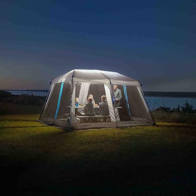 CORE 12’x10' Lighted Instant Screen House | Folding and Portable Large Pop Up Canopy Shelter with LED Lights | Perfect for Family Camping Outdoor Picnic Backyards BBQ Tailgate Patio and Party