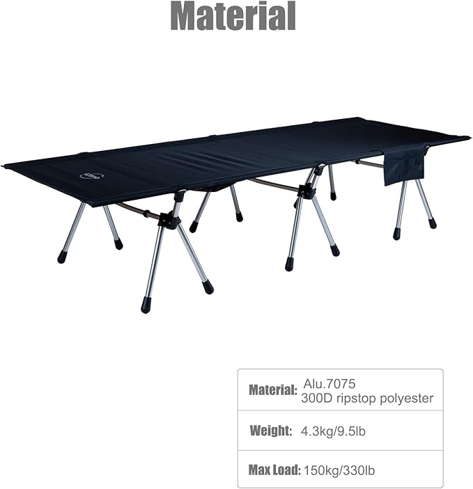 iClimb Super Easy Assemble Folding Cot Ultralight Compact Heavy Duty with Carry Bag for Adults Camping Backpacking (Black Two Heights)