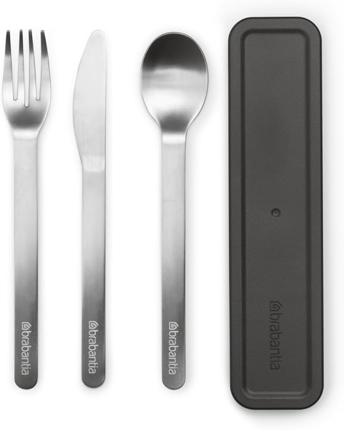 Brabantia Make &amp Take Cutlery Set with Case (Set of 3) Travel Knife Spoon &amp Fork Hygienic Compact Design Stainless Steel Dishwasher Safe
